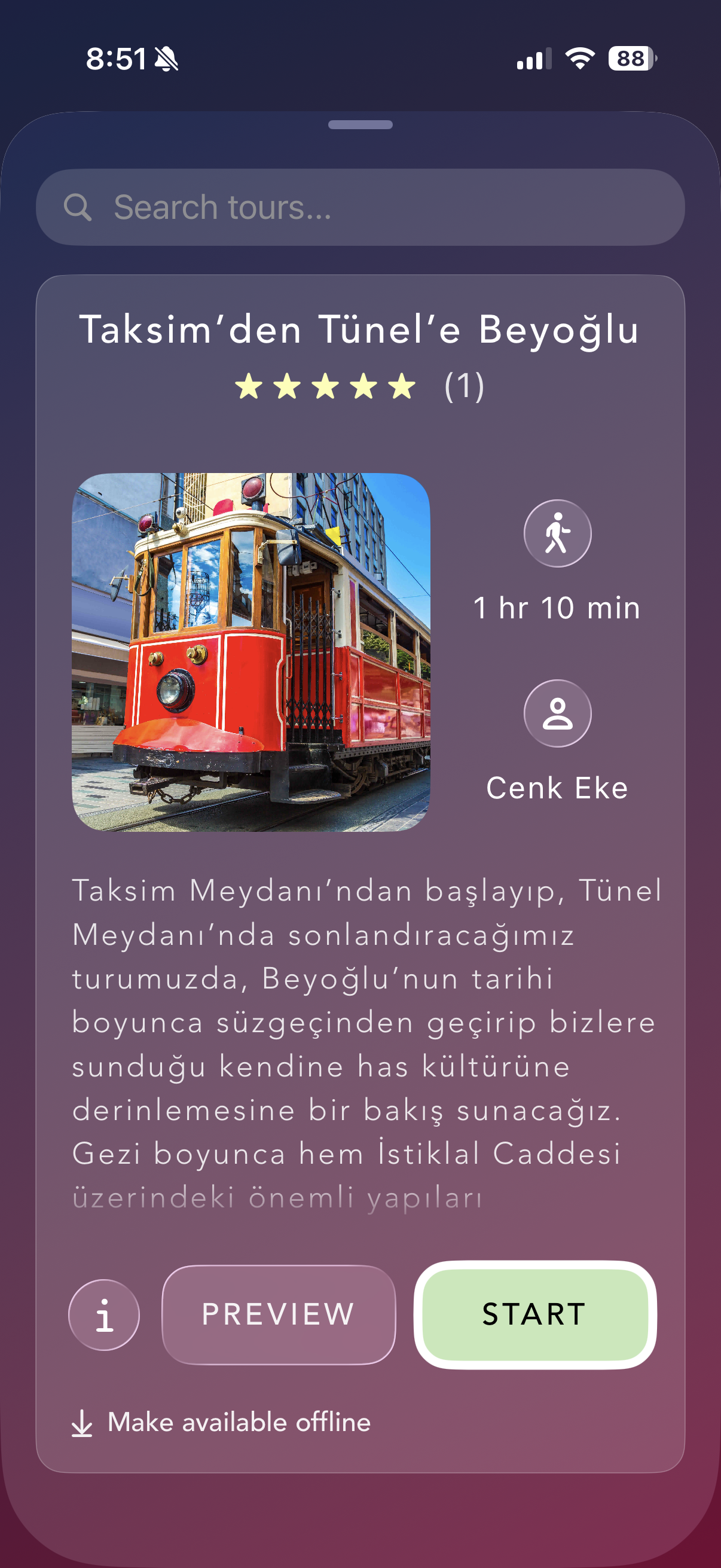 App screen: tour preview card